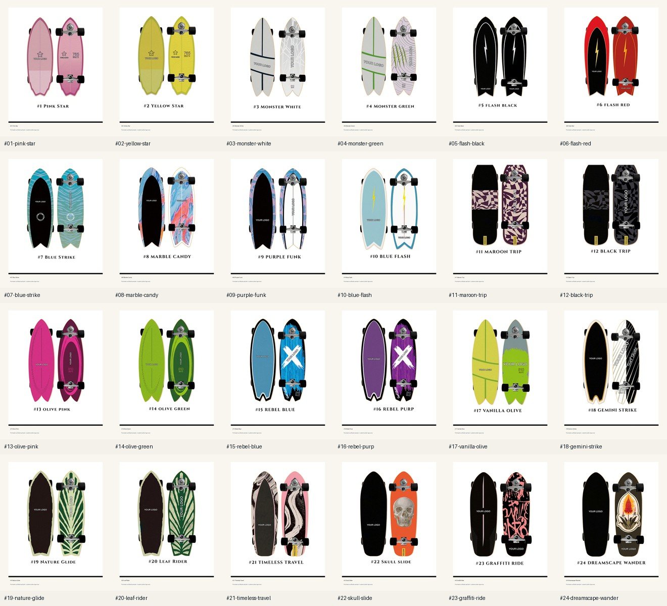 Private label skateboard and custom surfskate sample lineup