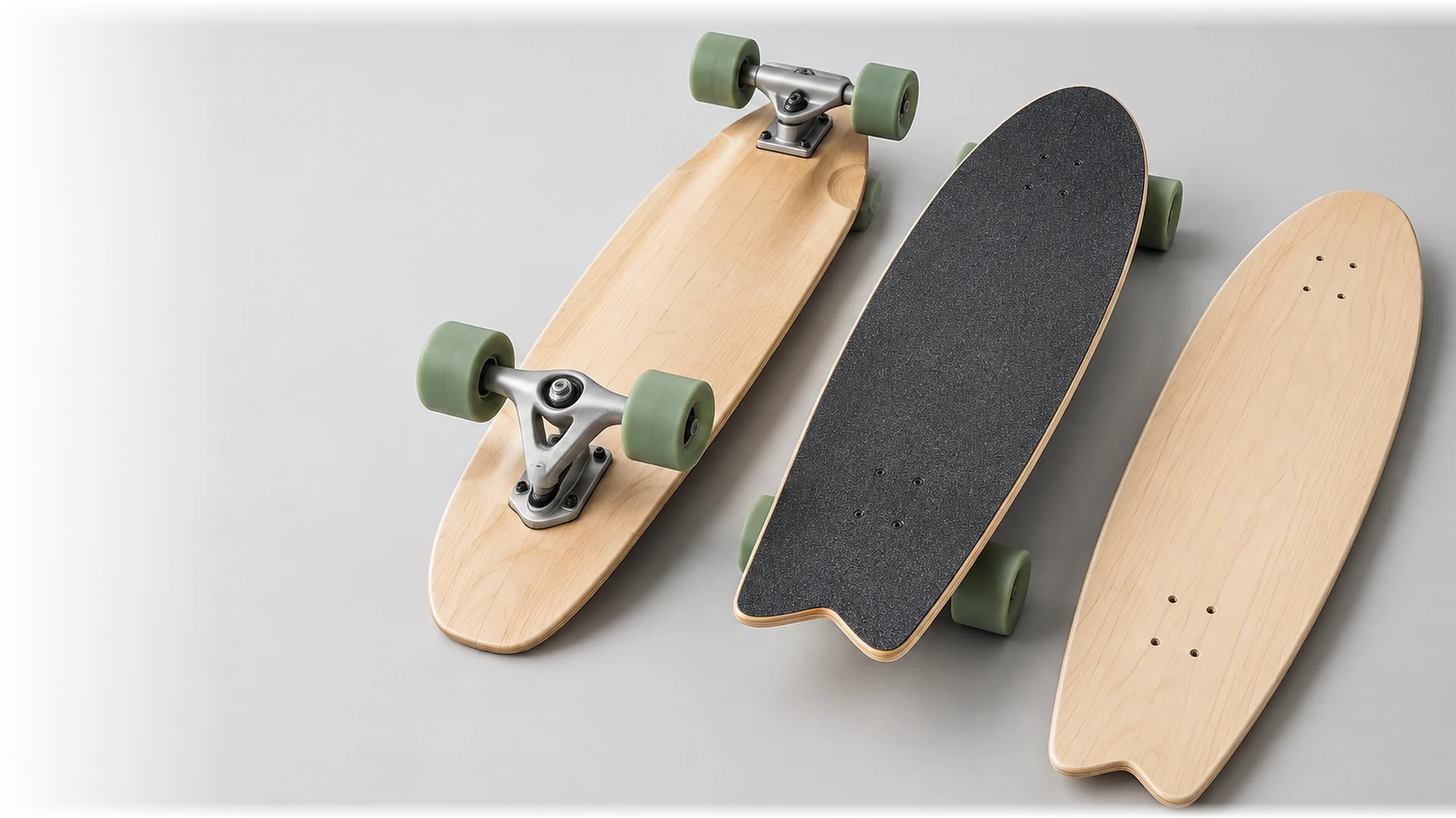 Surfskate boards in different deck shapes and finishes