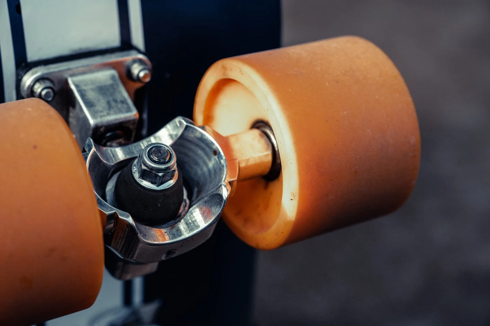 Close-up of real skateboard wheels and truck hardware